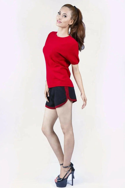 Italian Cashmere Turtle Neck T-Shirt with flattering turtle neck for women in red shirt and black shorts