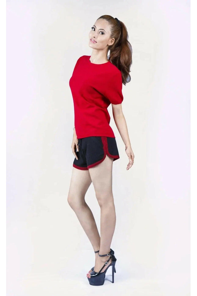 Italian Cashmere Turtle Neck T-Shirt with flattering turtle neck for women in red shirt and black shorts
