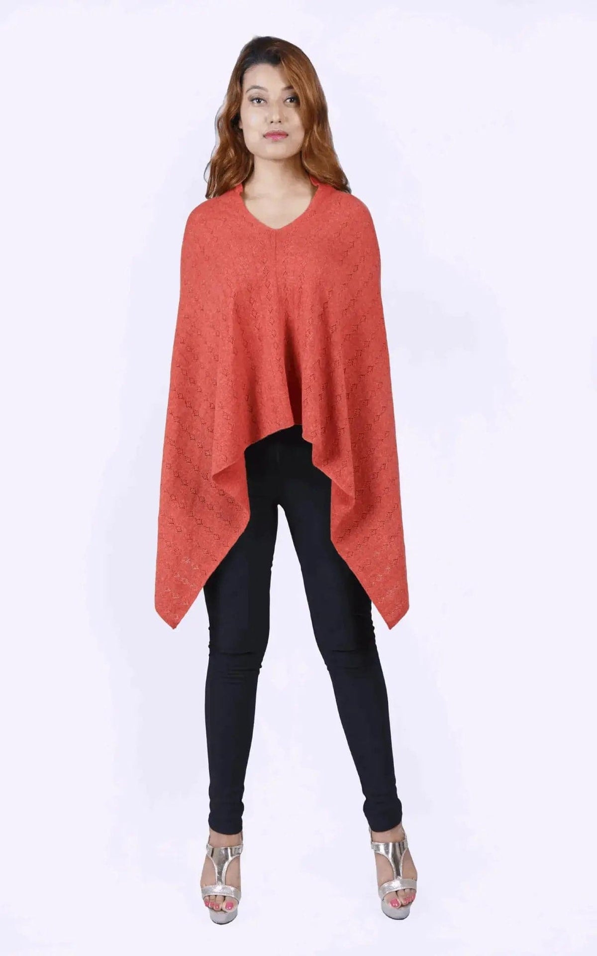 KCI 120 cashmere poncho outfit with black pants and heels