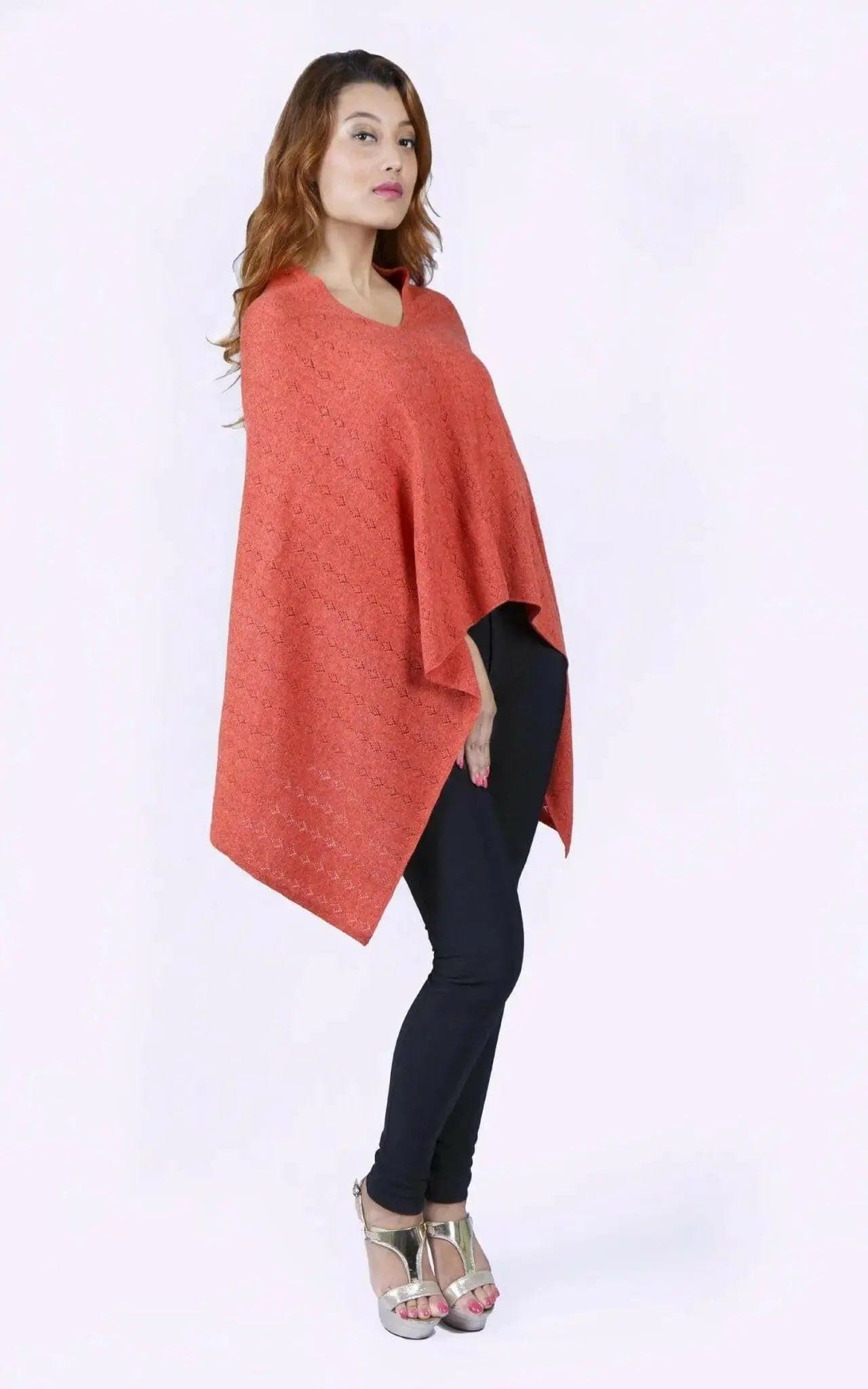 KCI 120 cashmere poncho in red with black leg detail by Kanchan Cashmere