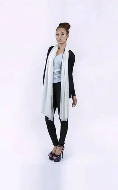 KCI 124 black pants and white shirt woman model in Italian cashmere scarf