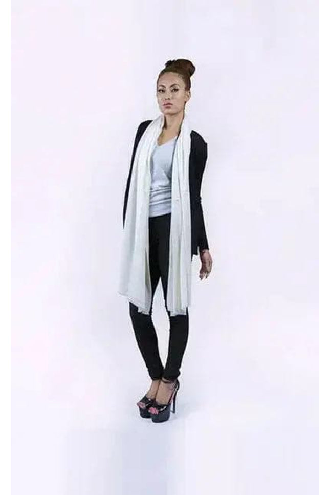 KCI 124 black pants and white shirt woman model in Italian cashmere scarf