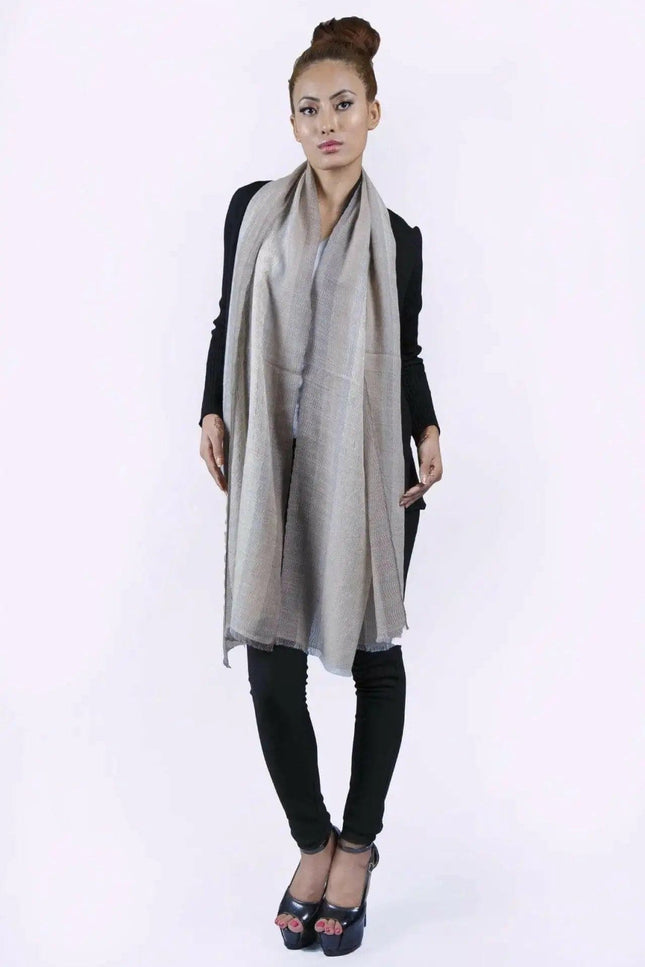 KCI 131 vertical ombre grey scarf by Kanchan Cashmere on woman