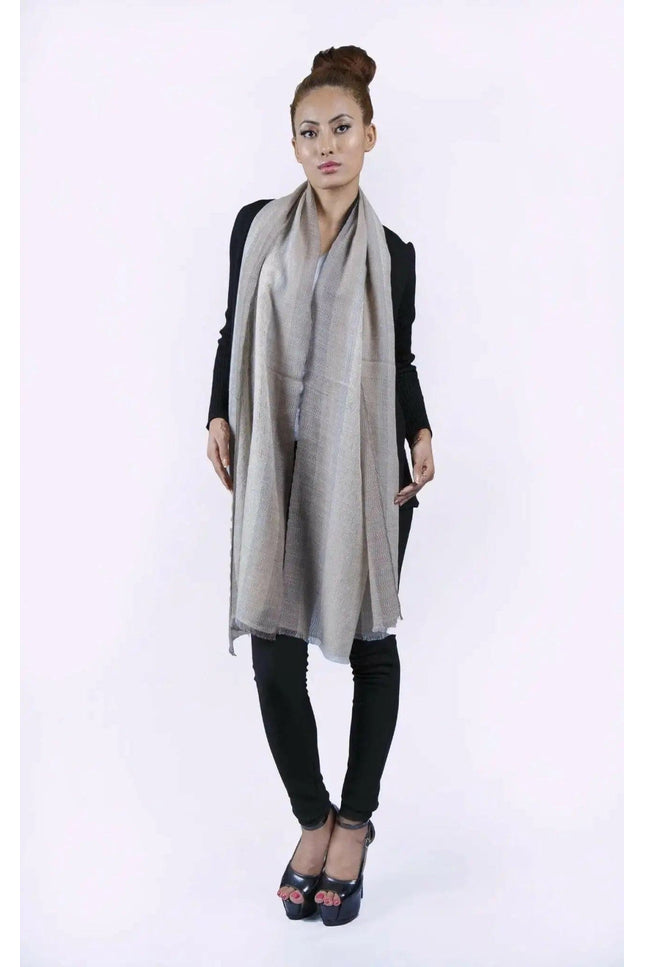 KCI 131 vertical ombre grey scarf by Kanchan Cashmere on woman