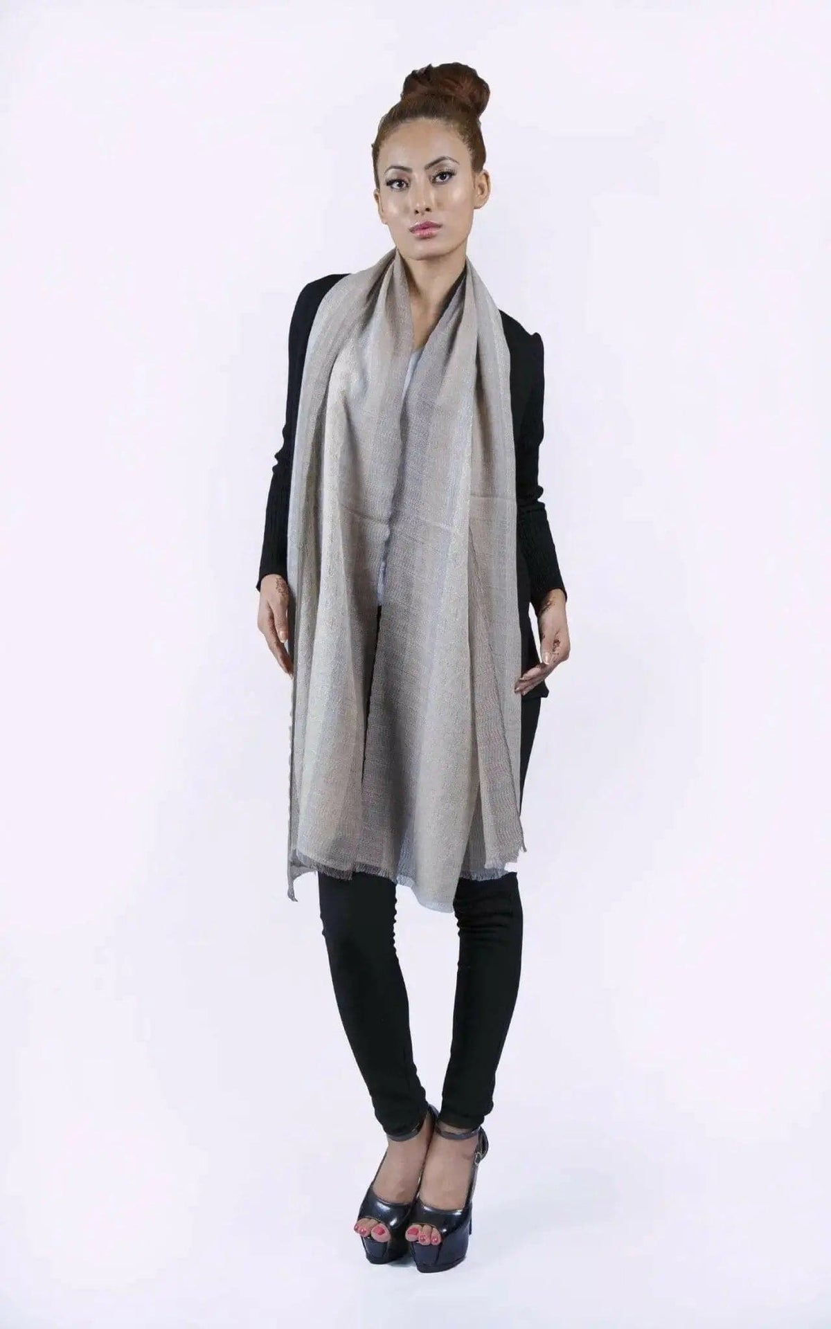 KCI 131 vertical ombre grey scarf by Kanchan Cashmere on woman