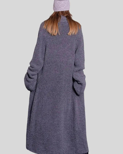 Woman in grey coat and hat, KCI 257 Italian Cashmere Long Cardigan