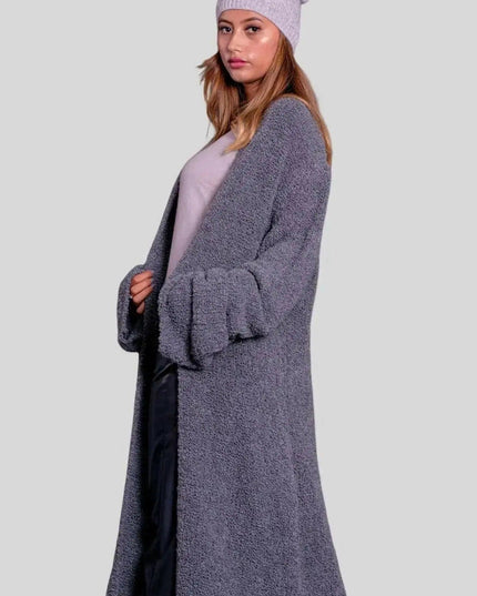 Woman in grey coat and hat, KCI 257 Italian Cashmere Long Cardigan