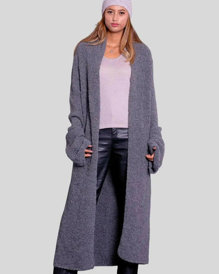Woman in grey coat and black pants wearing KCI 257 Italian Cashmere Long Cardigan