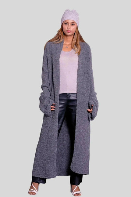 Woman in grey coat and black pants wearing KCI 257 Italian Cashmere Long Cardigan