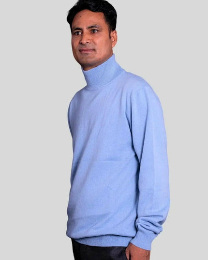 KCI 287 men high neck cashmere pullover, man in blue sweater on white background