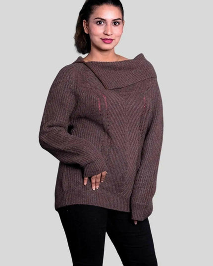 Woman wearing a brown roll neck pullover from KCI 291 collection
