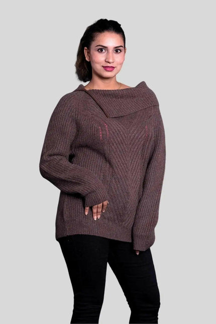 Woman wearing a brown roll neck pullover from KCI 291 collection