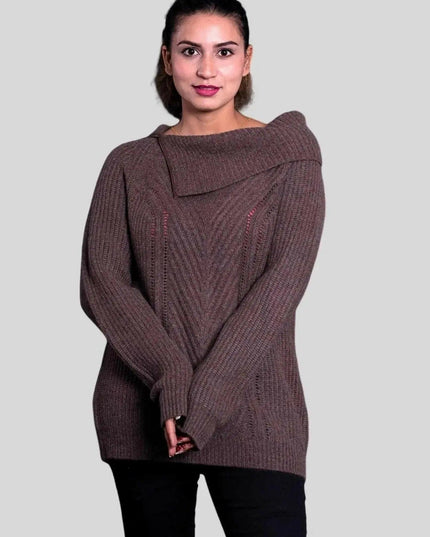 Woman wearing brown roll neck pullover from KCI 291 collection
