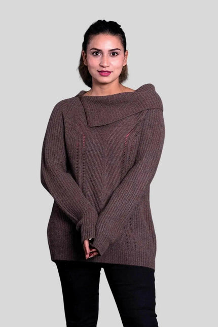 Woman wearing brown roll neck pullover from KCI 291 collection