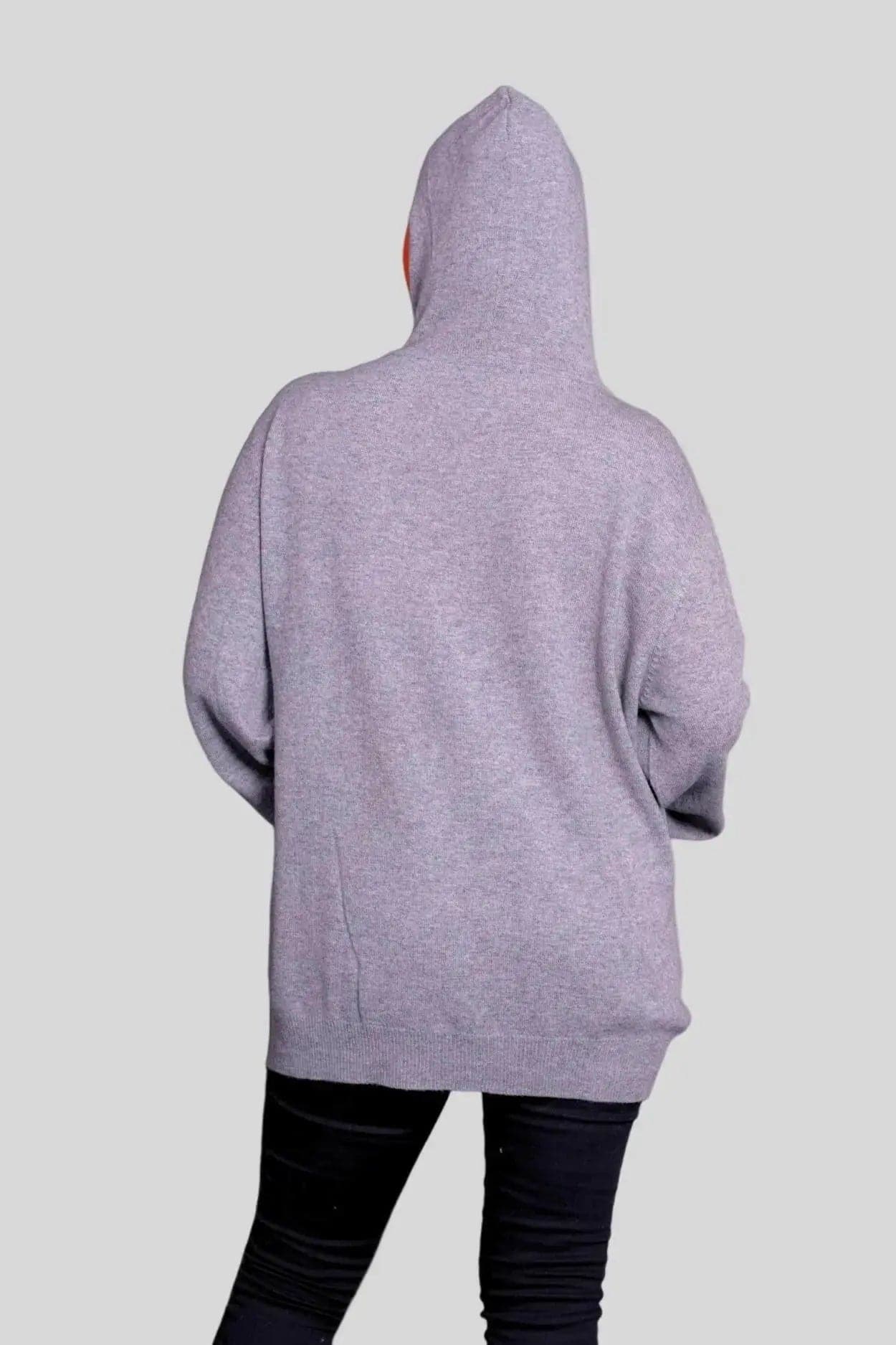 Woman wearing grey cashmere hooded sweater - KCI 293 Hooded Sweater