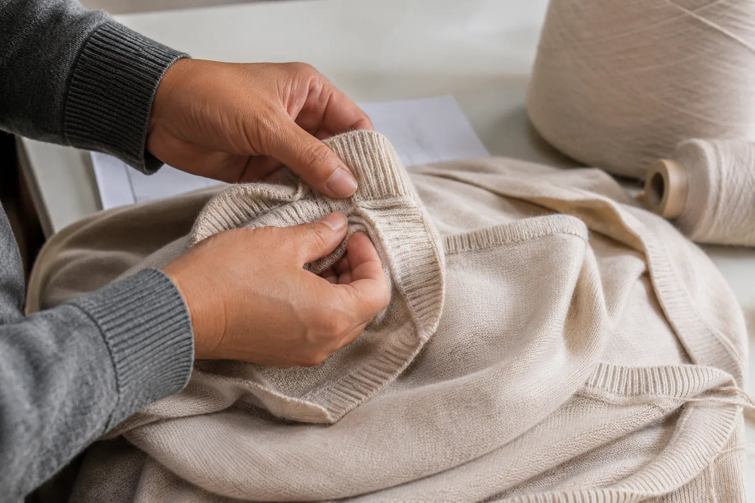 Détail de maille cachemire et développement produit chez Kanchan Cashmere