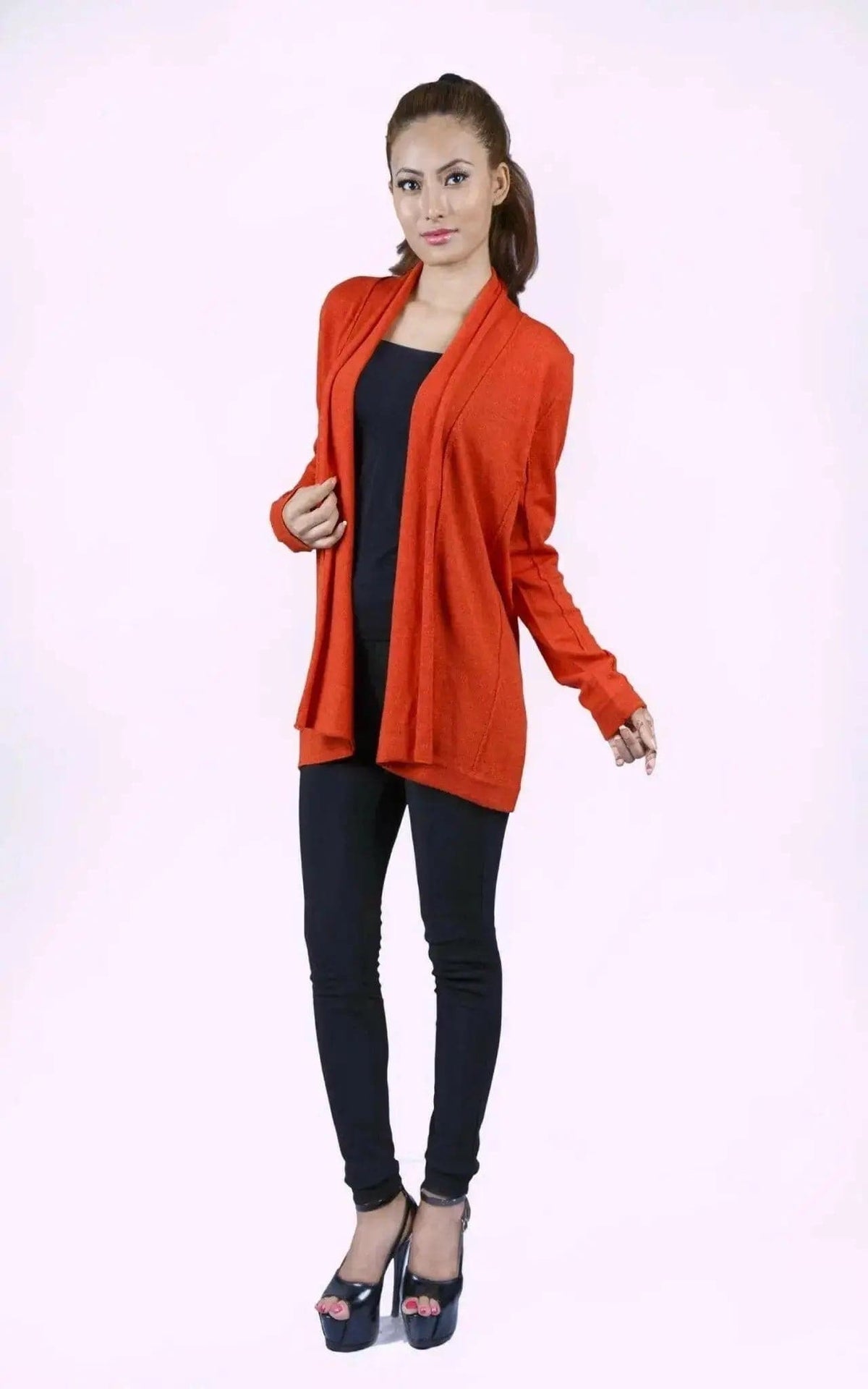 Luxurious Ashley Open Knit Cashmere Cardigan - Woman in Red Sweater