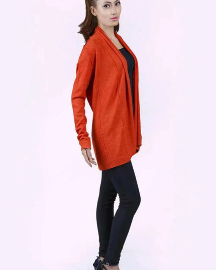 Stylish woman in red jacket and black pants showcasing the Luxurious Ashley Open Knit Cashmere Cardigan