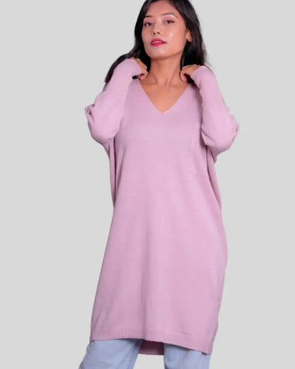 Luxurious CASHMERE dress - woman in pink sweater and jeans
