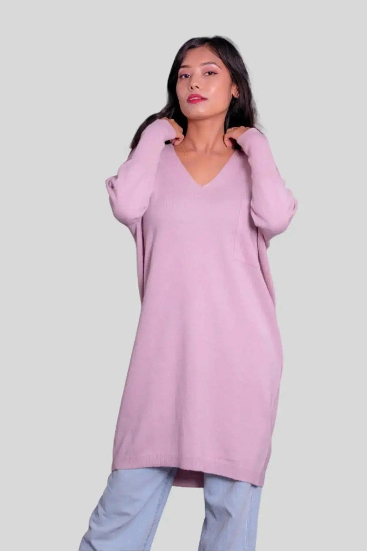 Luxurious CASHMERE dress - woman in pink sweater and jeans