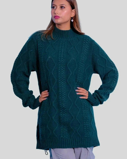 Luxurious Cashmere Cable Dress - Woman in Green Sweater and Grey Pants
