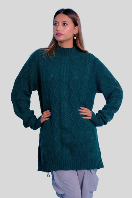 Luxurious Cashmere Cable Dress - Woman in Green Sweater and Grey Pants