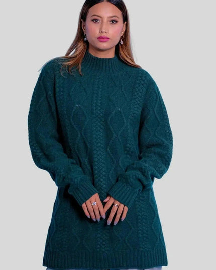 Woman wearing green cashmere cable dress