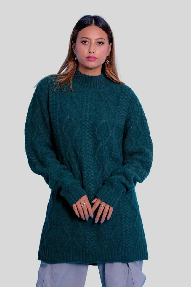 Woman wearing green cashmere cable dress