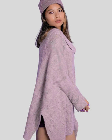 Luxurious Cashmere Cable Pullover in Purple Sweater and Hat