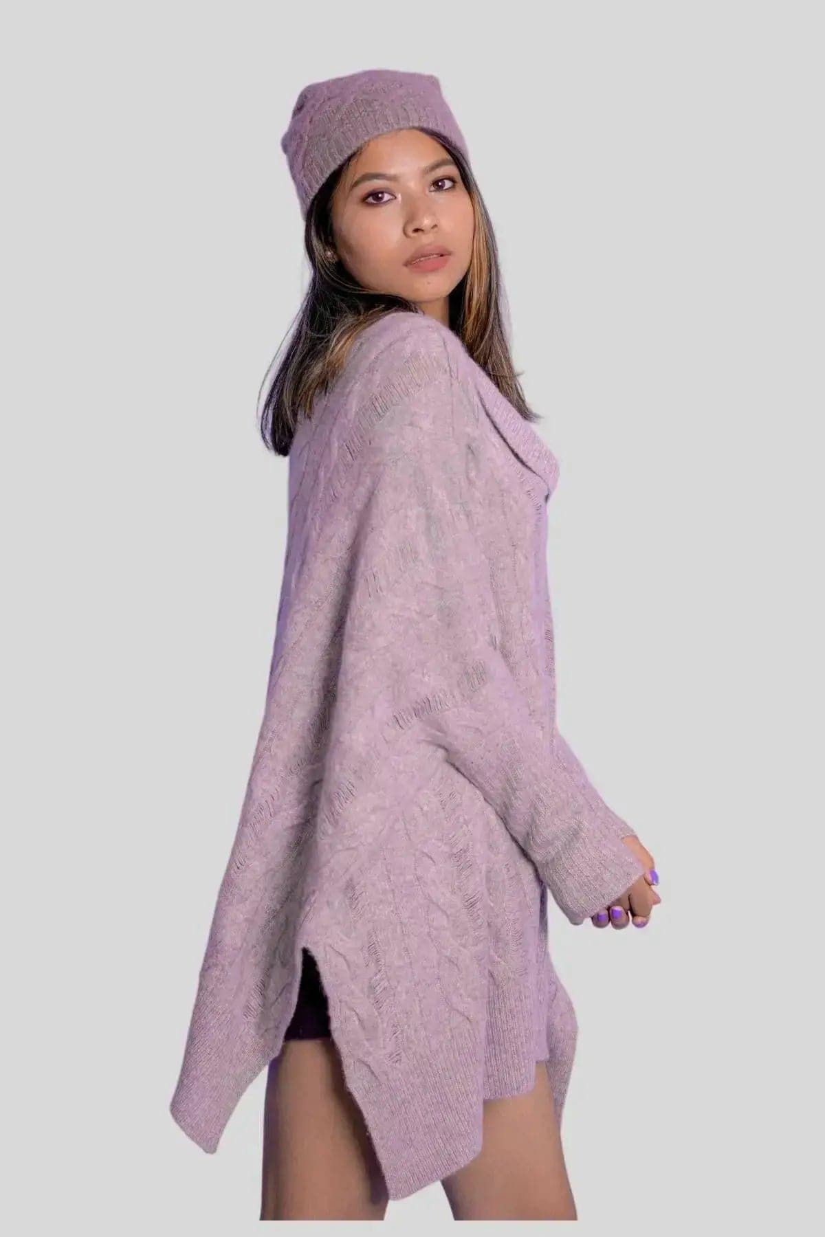 Luxurious Cashmere Cable Pullover in Purple Sweater and Hat