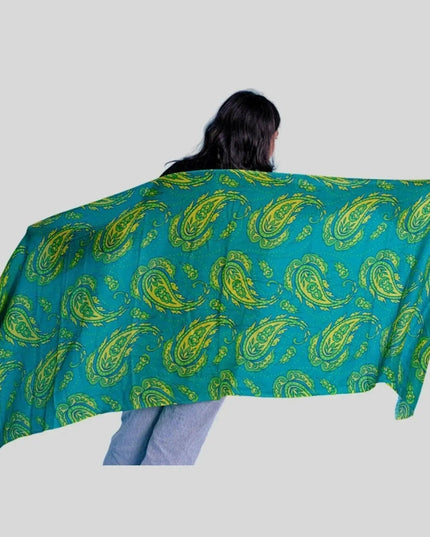 Luxurious Cashmere Digital Printed Scarf featuring a woman in green and yellow scarf