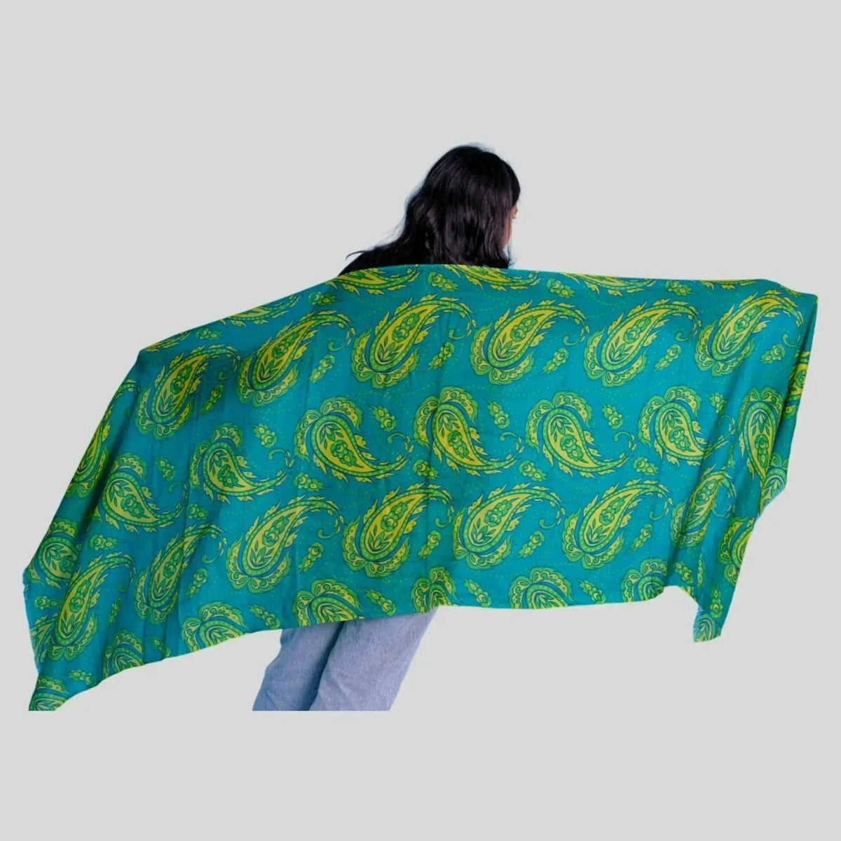 Luxurious Cashmere Digital Printed Scarf featuring woman in green and yellow scarf