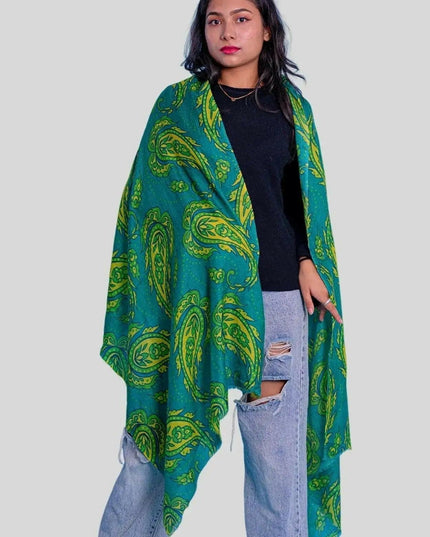Luxurious Cashmere Digital Printed Scarf featuring woman in green and yellow patterned shawl