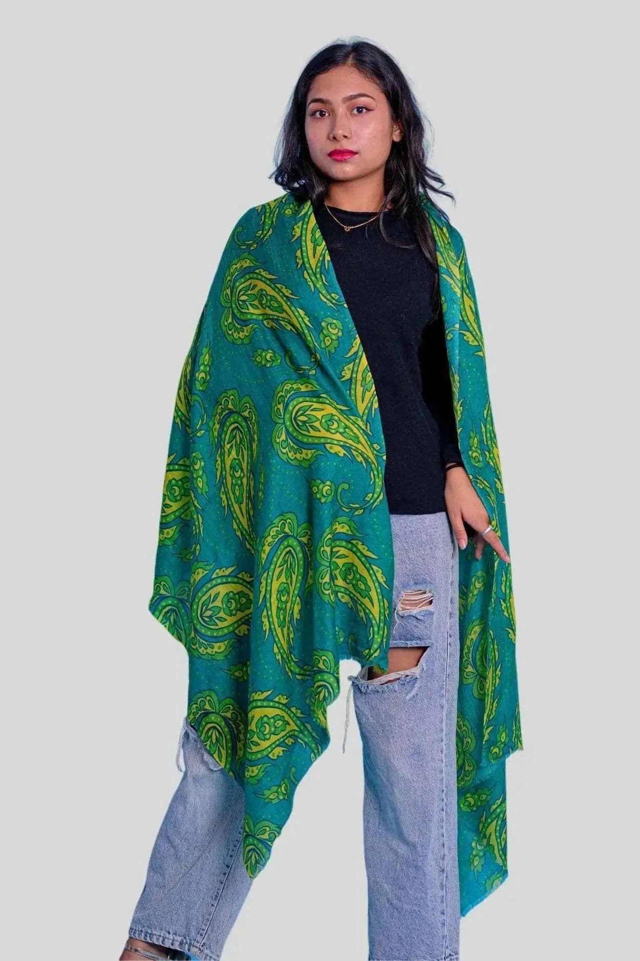 Luxurious Cashmere Digital Printed Scarf featuring woman in green and yellow patterned shawl