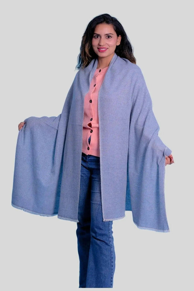 Woman wearing blue shawl, Luxurious Cashmere Herringbone Scarf