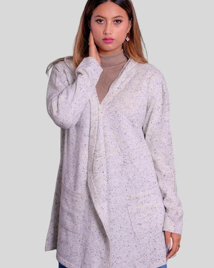 Woman wearing grey sweater and jeans in Luxurious Cashmere Hooded Wrap
