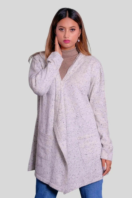Woman wearing grey sweater and jeans in Luxurious Cashmere Hooded Wrap