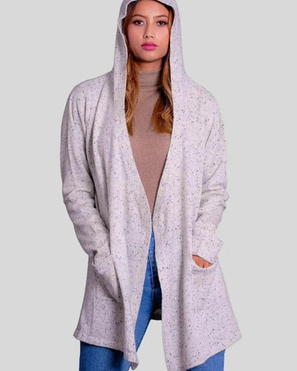 Woman in grey cardigan sweater, Luxurious Cashmere Hooded Wrap