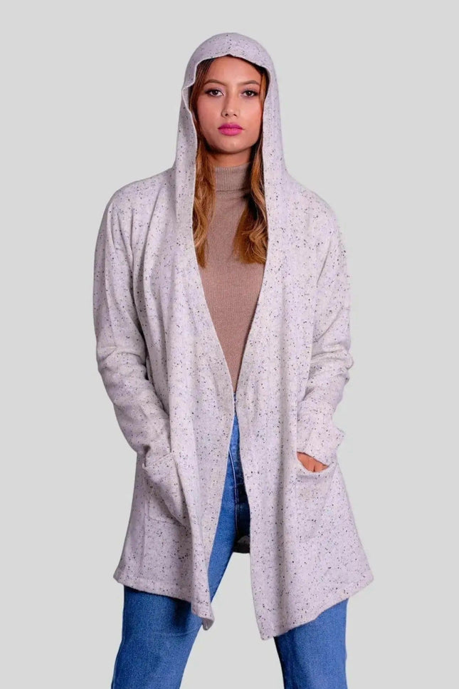 Woman in grey cardigan sweater, Luxurious Cashmere Hooded Wrap