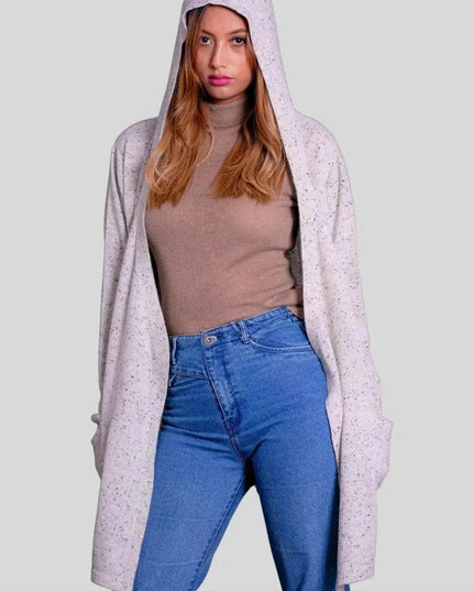 Woman in gray sweater and jeans wearing luxurious cashmere hooded wrap