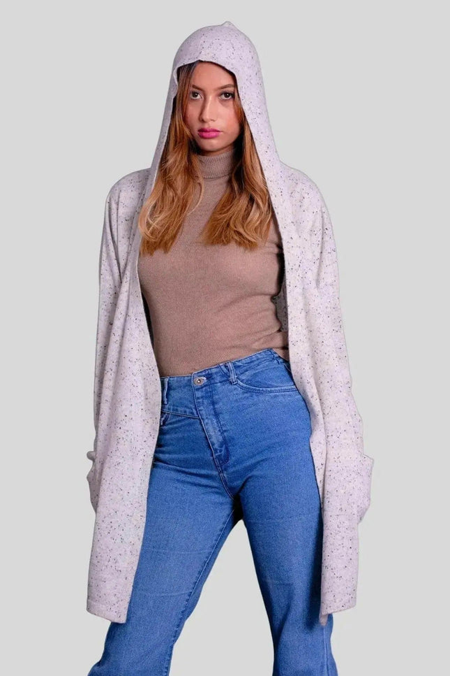 Woman in gray sweater and jeans wearing luxurious cashmere hooded wrap