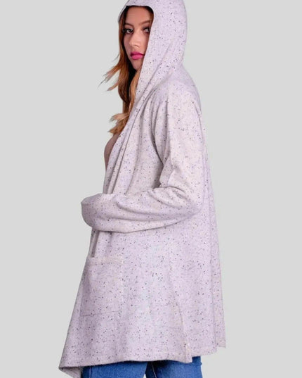 Woman wearing white hooded cashmere wrap coat