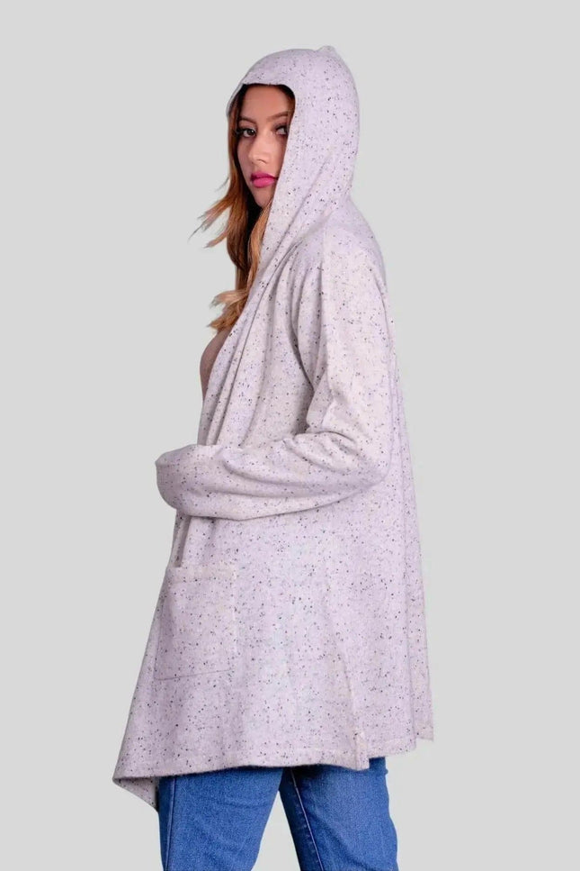 Woman wearing white hooded cashmere wrap coat