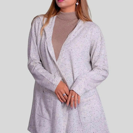 Woman in white coat with grey spec print, Luxurious Cashmere Hooded Wrap
