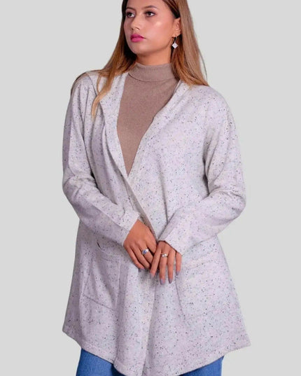 Woman in white coat with grey spec print, Luxurious Cashmere Hooded Wrap