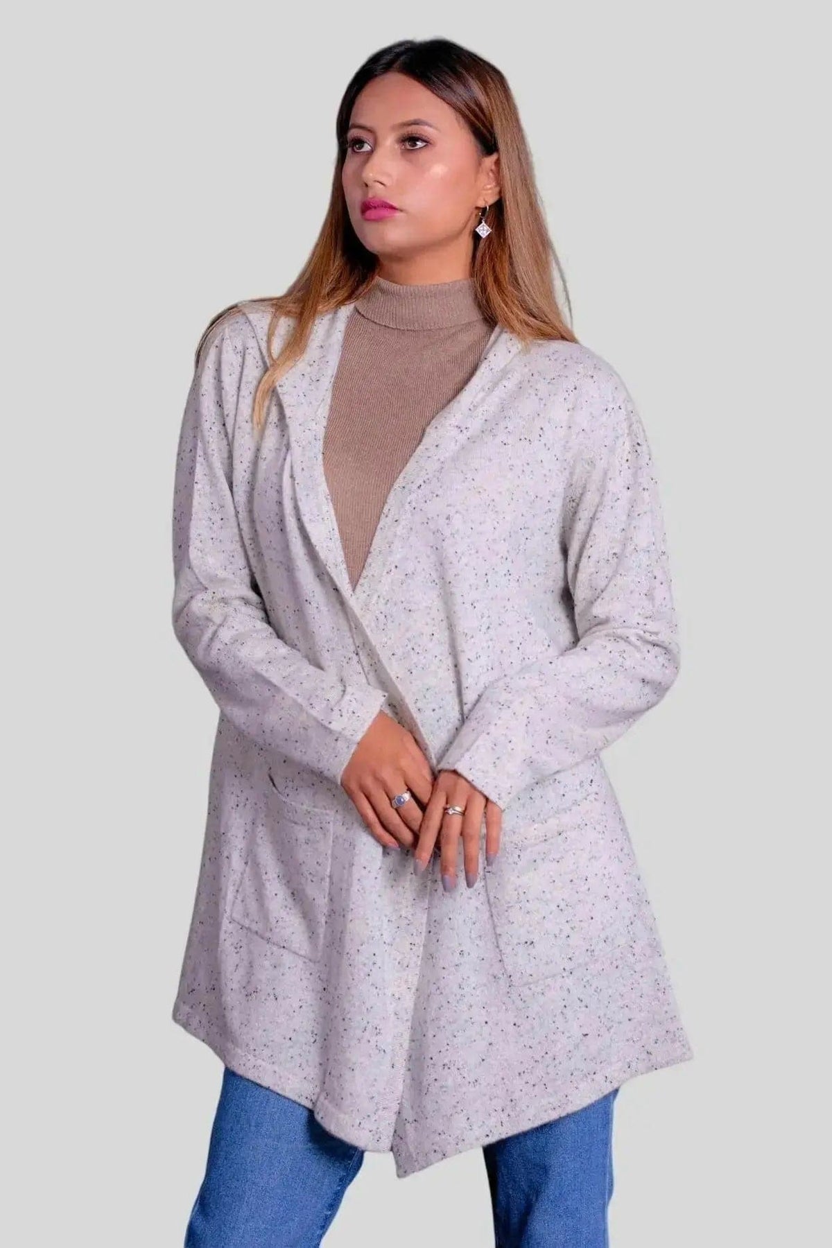 Woman in white coat with grey spec print, Luxurious Cashmere Hooded Wrap