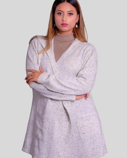 Woman wearing white sweater and jeans in Luxurious Cashmere Hooded Wrap