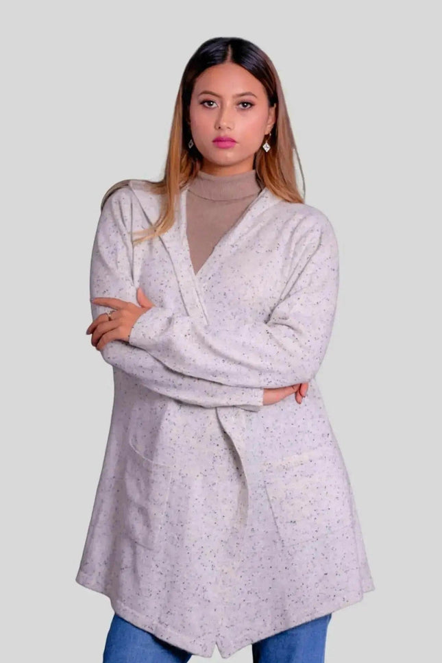 Woman wearing white sweater and jeans in Luxurious Cashmere Hooded Wrap