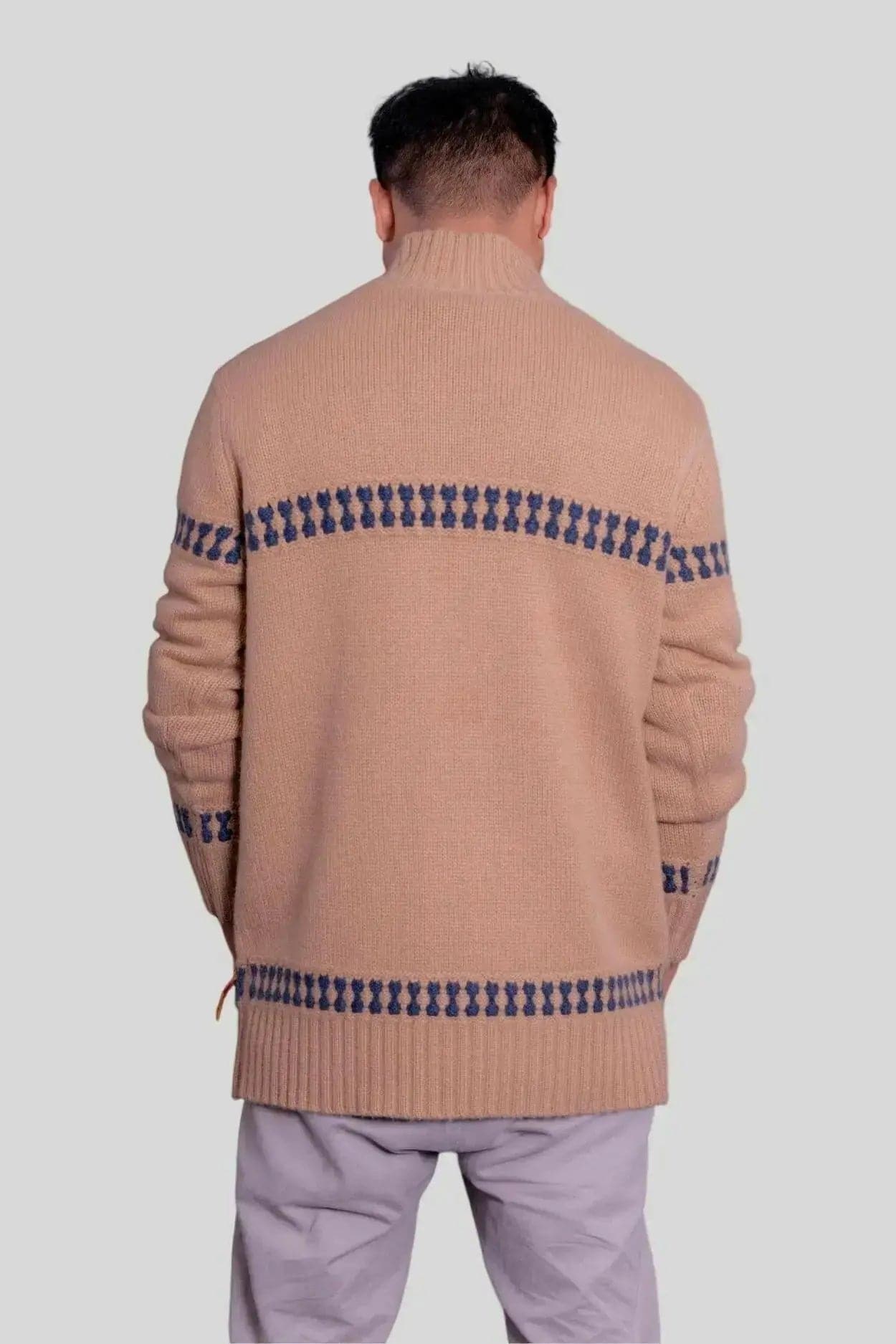 Luxurious Cashmere Mock Neck Pullover in pink sweater and purple pants