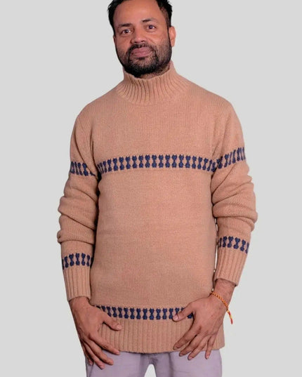 Luxurious Cashmere Mock Neck Pullover with Blue and White Geometric Patterns